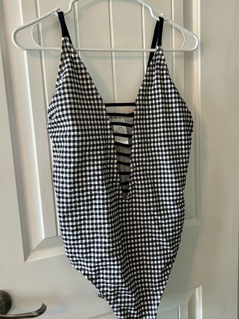 Black White Gingham One Piece Swimsuit Plunge Neck Strappy Back Size L